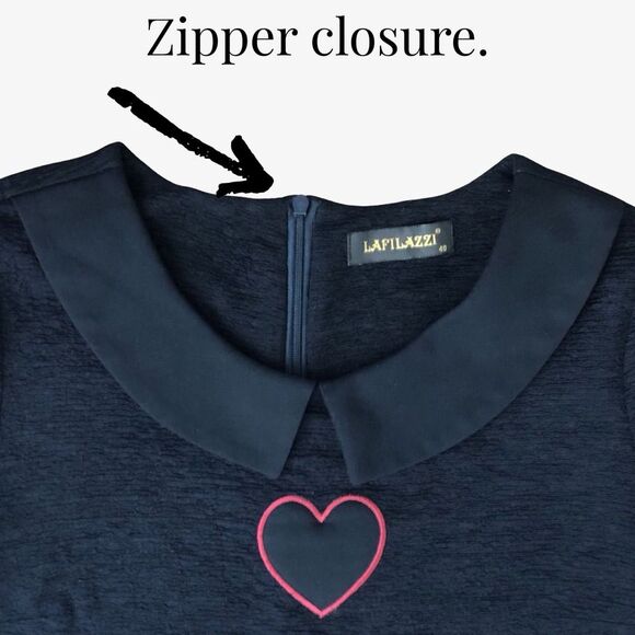 Lafilazzi Dress 40 Italian Styled Hearts Peter Pan Collar Puff Sleeves Sheath - Picture 10 of 13